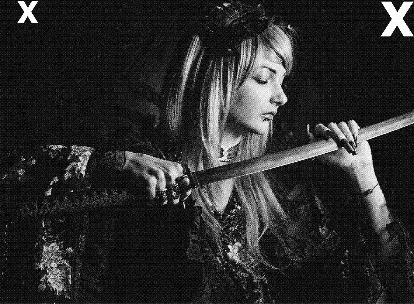 Cute samurai girl with katana posing over dark background - High Detail Airbrush stencil HD stencils