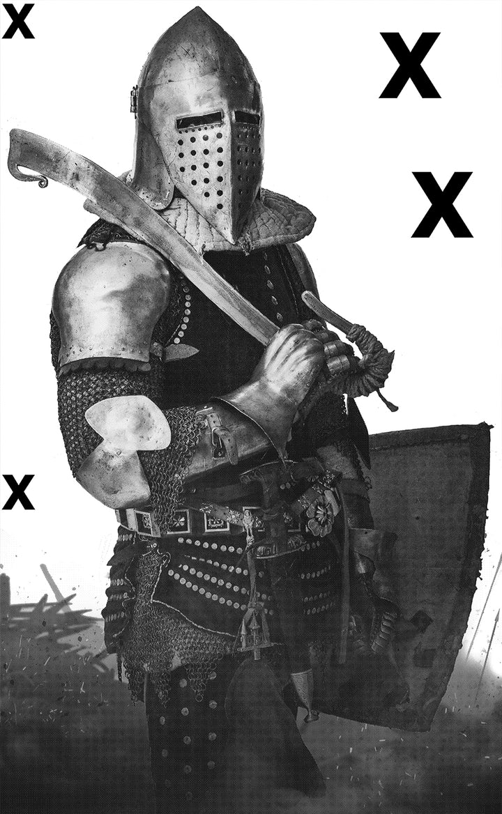 Knight with sword, shield, and full armor in battlefield - Airbrush Stencils