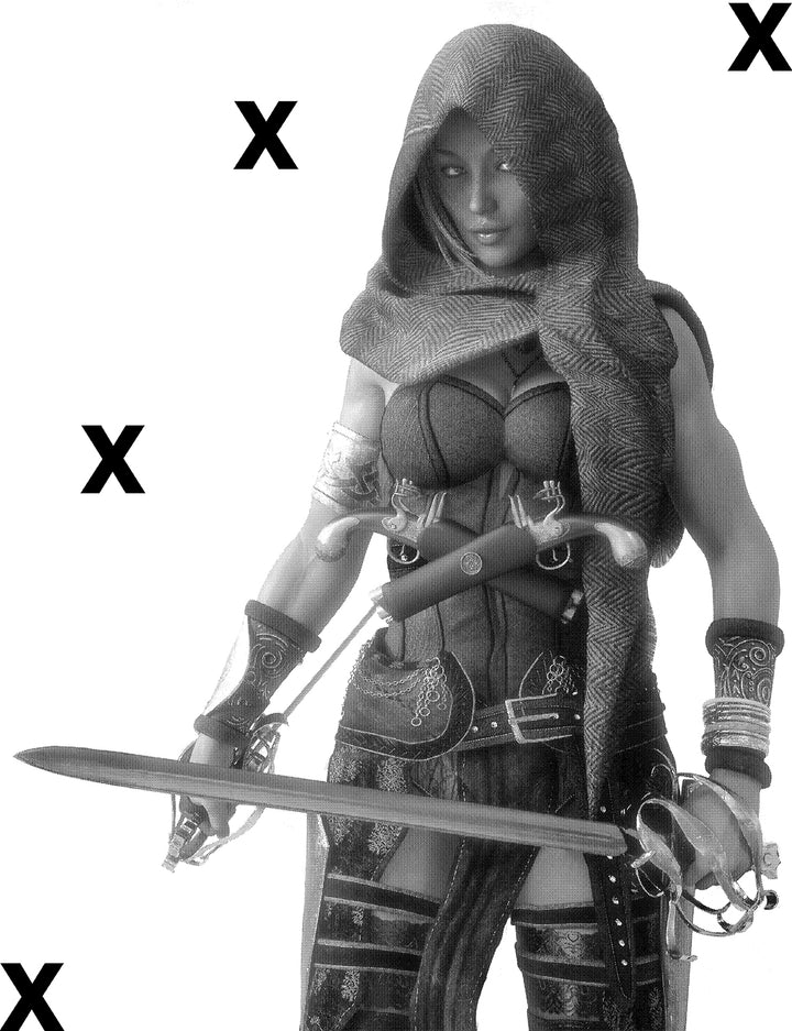 Mysterious pirate female standing with duel cutlasses in hand - Warrior girl with swords - Stencils for Airbrushing