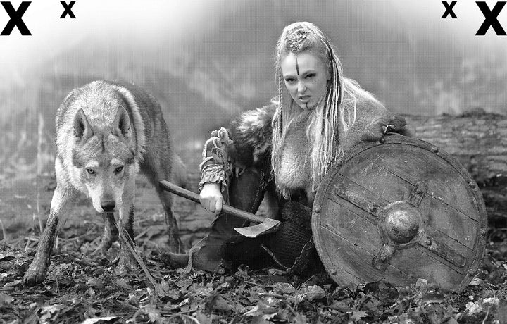 Ruthless northern warrior woman with blonde hair in a traditional clothes with fur collar with shield, ax, and her pet wolf in the forest - Airbrush Stencil