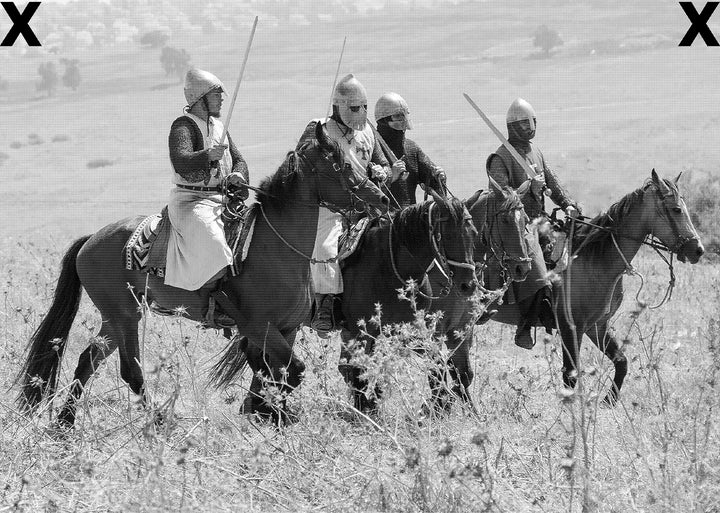 Templars and calvary accros the battlefield with unsheathed swords and brown horses - Airbrush Stencil