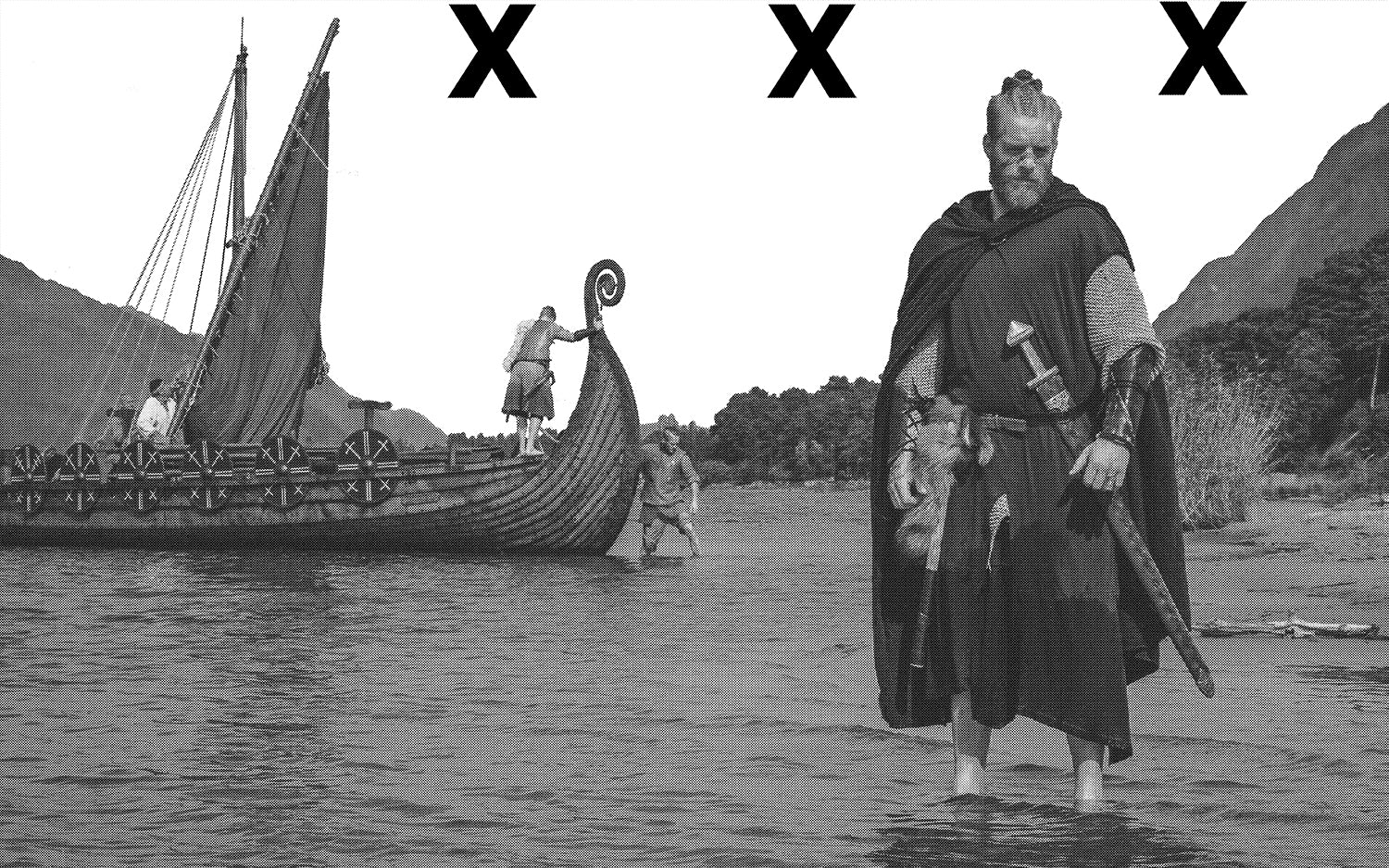 Viking warrior with sword standing near Drakkar on the seashore - Middle age scene - Airbrush Stencil pp